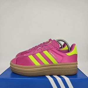 New Adidas Gazelle Bold Lucid Fuchsia Solar Slime Satin Women's Shoes Size 8.5